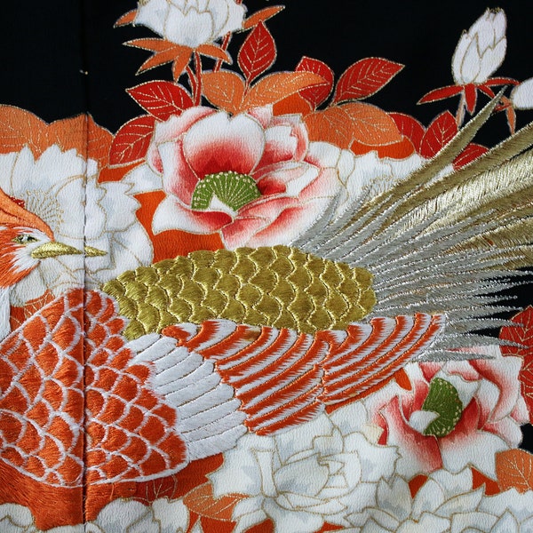 Kimono japonais vintage en soie - Empiècement brodé