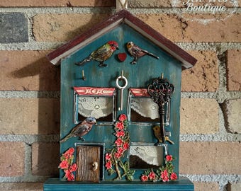 Llavero de pared hecho a mano estilo casa de campo, perchero rústico con pájaros y flores, organizador de llaves colgante decorativo, decoración de pared vintage