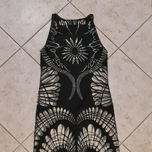 ULTRA RARE Jean Paul Gaultier S/S 2001 Logo Semi-Sheer Bodycon Mesh Maxi Dress