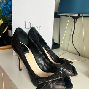 Christian Dior Black Quilted Cannage Leather Bow Detail Peep Toe Pumps Size 36.5