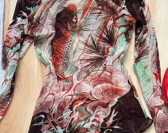 Top de malla transparente Soleil vintage de Jean Paul Gaultier de los años 90 con peces koi de Japón