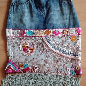 ESCADA by Margaretha Ley Vintage Denim Skirt Fringe Beaded 1990s 2000s