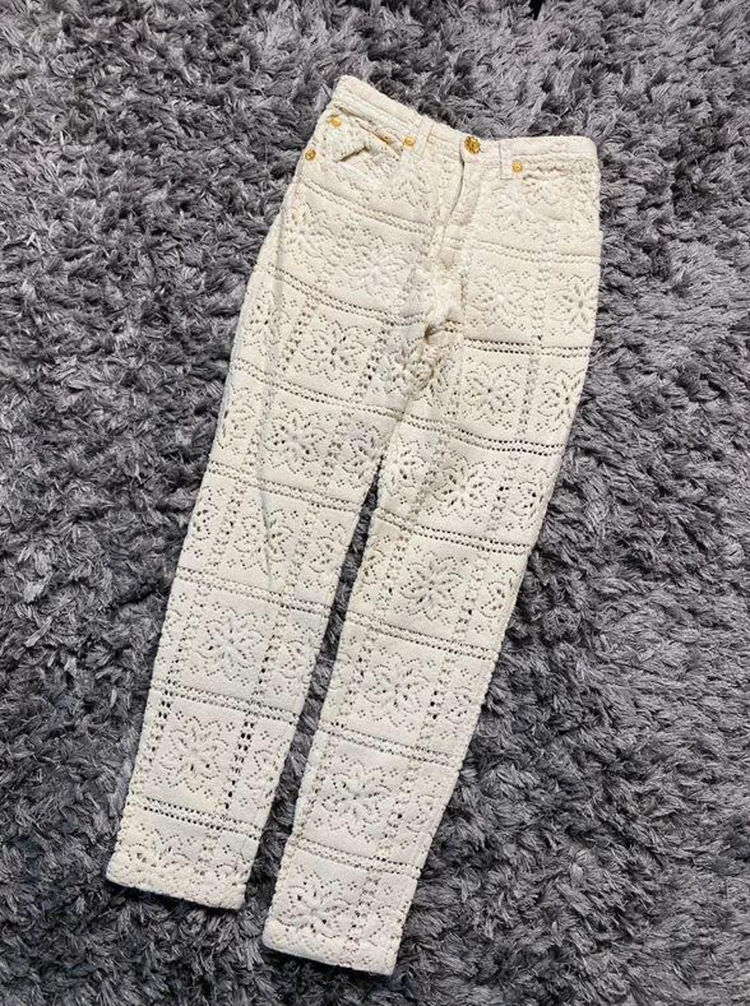 Moschino Vintage 1990s Cream Crochet Lace High Waisted Sheer Jeans