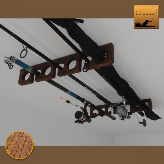 Wooden Fishing Rod Holder Rack Ceiling Mounted Dark Oak