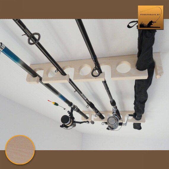 Wooden Fishing Rod Holder Rack Ceiling Mounted Natural Finish Ash Tree