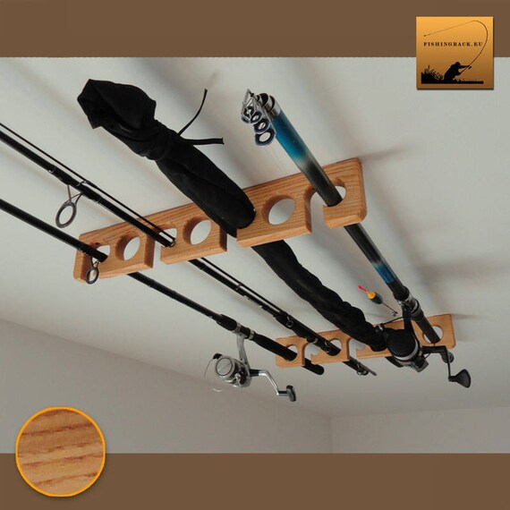 Wooden Fishing Rod Holder Rack Ceiling Mounted Light Ash Tree