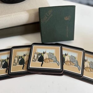 Puede incluir: Juego de cinco posavasos cuadrados con borde negro, con una ilustración de gatos. Los posavasos se presentan con una caja verde con la etiqueta "Royal Table Coasters". Las ilustraciones muestran diferentes razas de gatos.