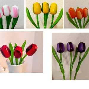 3 Wood Tulips Dutch Wooden Tulips 13.3'' 34cm Hand painted Table decor Wedding Rustic home Vintage Easter flower bouquet Gift for Mom