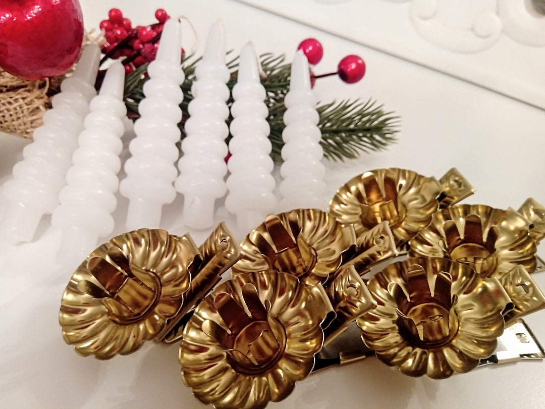Set of 6x Gold Christmas Tree Candle Clips 6 White Candles Vintage