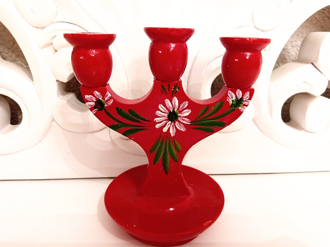 Cute Vintage Candle Holder Sweden Red Folk Art Traditional Scandinavian