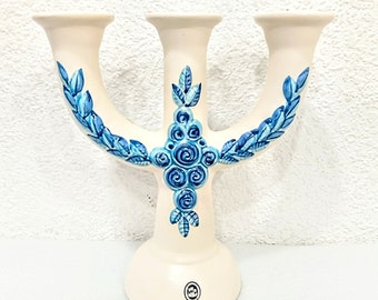 Exclusive White Blue Vintage Candle Holder 3 arm candelabra Rosa Ljung Helsinborg Swedish Sweden Scandinavian gift Mother Christmas table