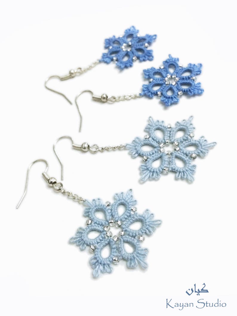 Snowflake Earrings \\ Tatted Lace Earrings \\ Frozen Flowers \\ Blue lace earrings \\ NY gift \\ Christmas present \\ Winter holidays earrings