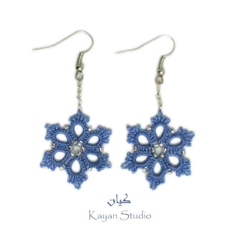 Snowflake Earrings \\ Tatted Lace Earrings \\ Frozen Flowers \\ Blue lace earrings \\ NY gift \\ Christmas present \\ Winter holidays earrings