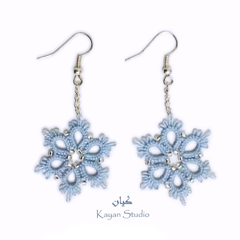 Snowflake Earrings \\ Tatted Lace Earrings \\ Frozen Flowers \\ Blue lace earrings \\ NY gift \\ Christmas present \\ Winter holidays earrings
