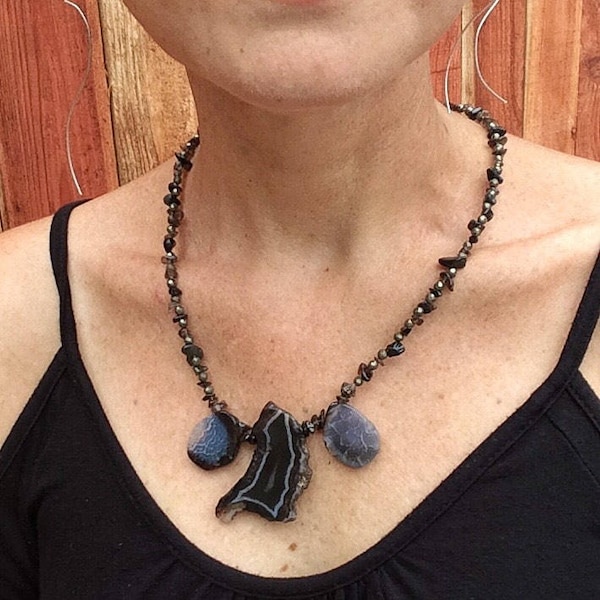 Fortification agate, dark agate, smoky quartz and faceted silver bead necklace, semi-precious stone necklace, EARRINGS SOLD SEPARATELY