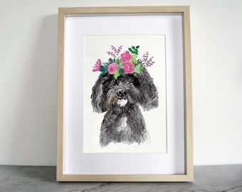 Cavapoo Art Print, Pink flower crown, Black cavapoo Print