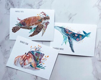 Sea Animal Postcard set, Sea Animal Mini Prints, Turtle Postcard, Whale Postcard, Crab Postcard, Sea Turtle Mini Print, Mini Print Set