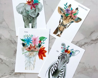 Wild animal Postcard set, Wild animal mini prints, Animal postcards, Giraffe postcard, Zebra postcard, Ostrich postcard, Elephant post card