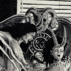 May include: A black and white pencil drawing of a woman with a devil's head and wings, holding a small child with horns and a devil's tail. The woman is wearing a long, flowing dress and the child is wearing a simple garment. The drawing is set against a background of a window with blinds.