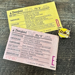 2 vintage (1970s) Disneyland tickets and “Bear Country Pin”. One “Junior” E ticket and one Junior D ticket.