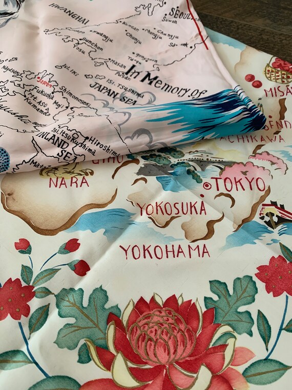 Two souvenir Korean War era silk scarves from Japa