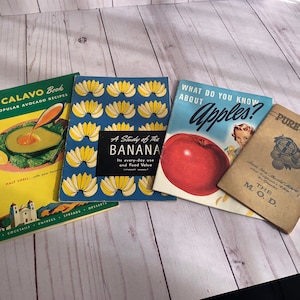 4 vintage recipe fruit booklets from 1930s and 40s . Apples, Bananas, citrus and Avacados.