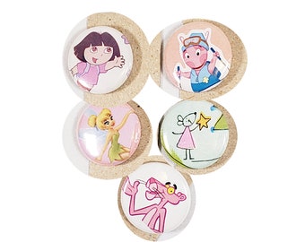 One Inch Pins / Buttons / 5 pack / party favors - Pink, Dora, Tinkerbell, Pink Panther