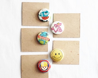 One Inch Pins / Buttons / 5 pack / party favors - Smiley Face, Pink Panther, Horse Feathers