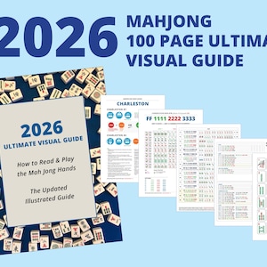 May include: A visual guide for Mahjong, titled "2026 Ultimate Visual Guide." The cover features the title and instructions on how to read and play Mahjong hands. The image includes several pages with diagrams and examples, and a background of Mahjong tiles.