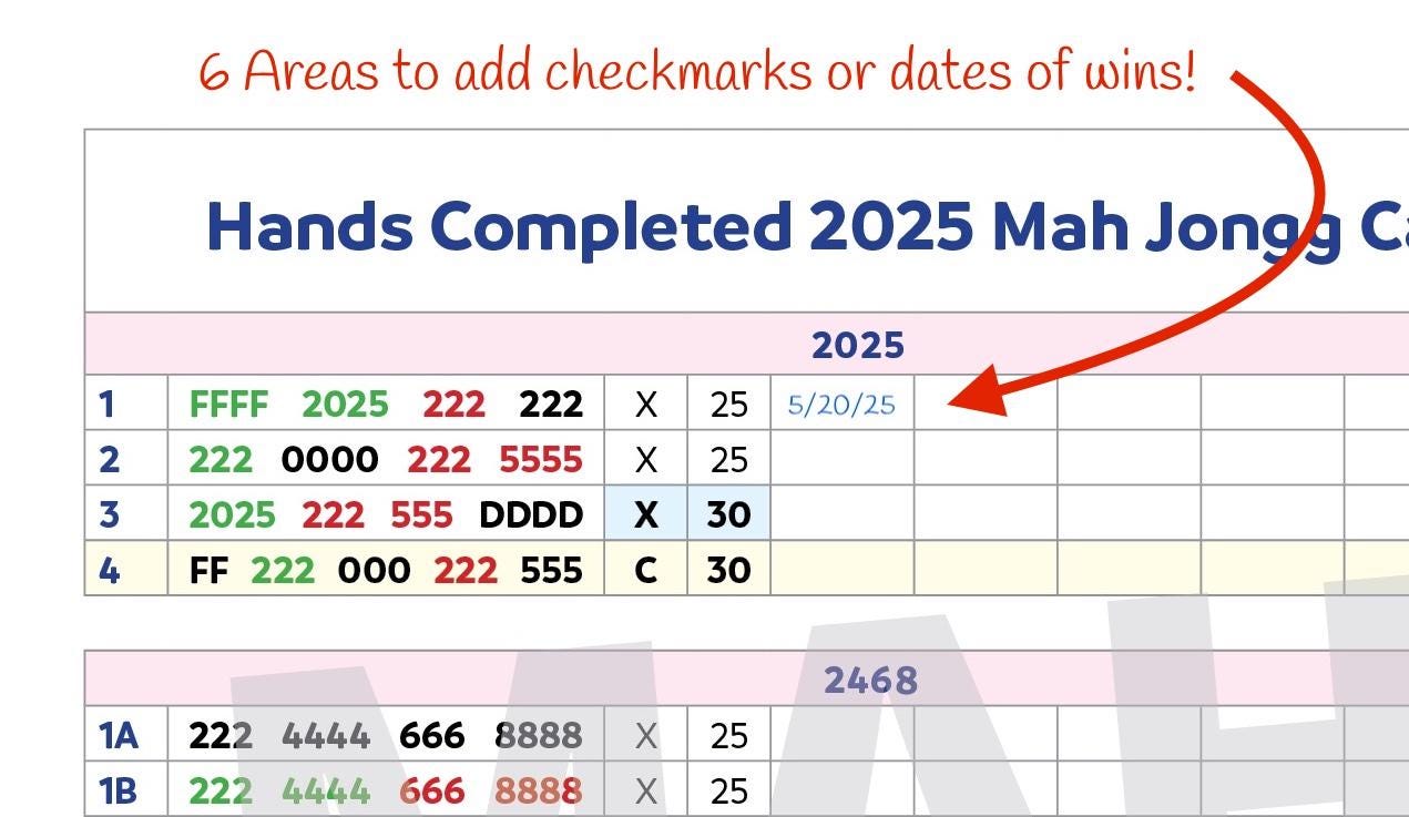 Rastreador de mãos do jogo American MahJongg 2025, lista de verificação, para download, uma página tamanho carta, acompanhe suas vitórias