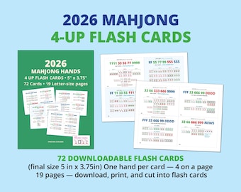 2026 Mahjong 4-UP Flash Cards | 72 utskrivbara kort | Direkt PDF-nedladdning