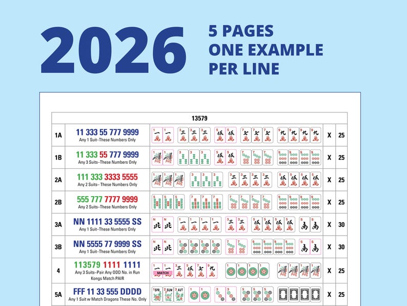 2026-kort - MahJong visuella exempel - Enkel version - Ett exempel per rad - 5 sidor bild 3