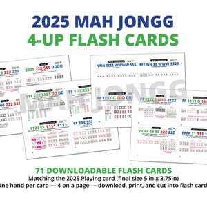 4-UP - 2025 Mah Jongg 71 Lernkarten, visuelle Referenz, herunterladen und ausdrucken, 4 Karten pro A4 Seite (endgültige Größe 13 x 10 cm)