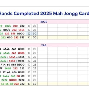 Rastreador de mãos do jogo American MahJongg 2025, lista de verificação, para download, uma página tamanho carta, acompanhe suas vitórias