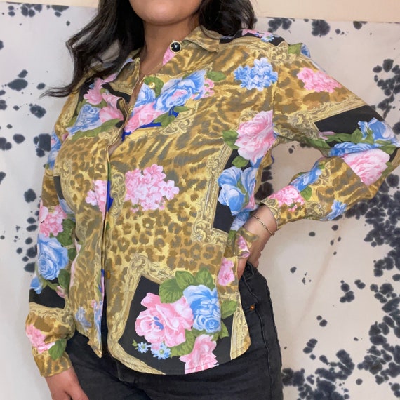 Vintage Yessica Cheetah /Floral Print Blouse - image 2