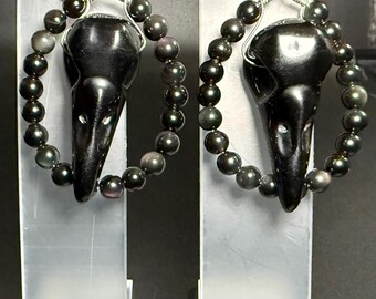 Black Obsidian Raven Skull Earrings | Murdoch’s Macabre | Gothic Jewelry | Stainless Steel Chain | Witchcore | Crystal Skull Earrings
