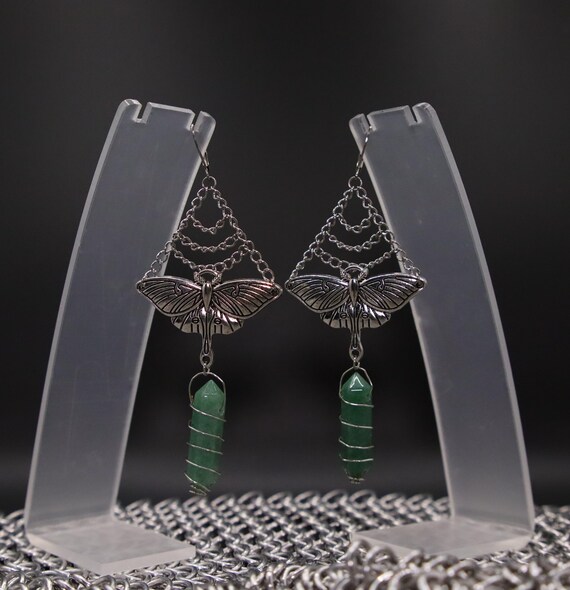 Luna Moth & Green Aventurine Earrings | Murdoch’s Macabre | Witchcore Jewelry | Stainless Steel Findings | Gothic Nature Earrings