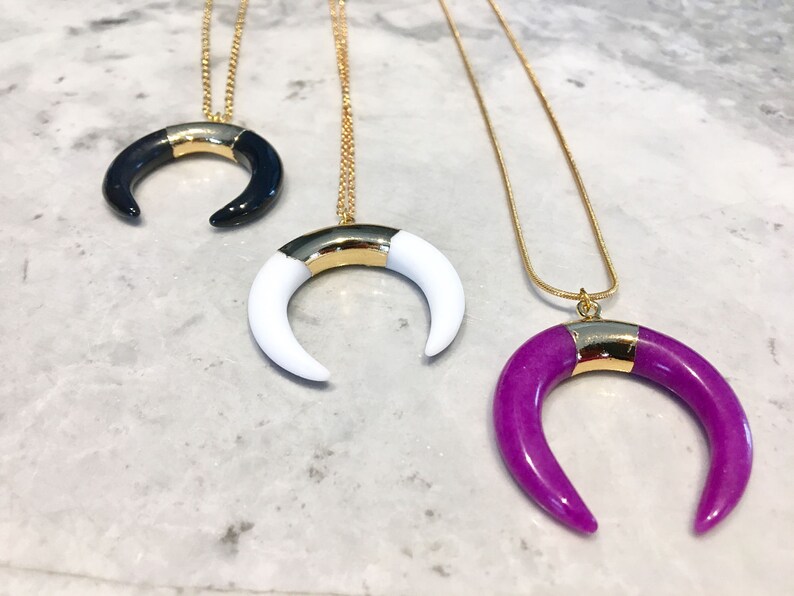 minimal pendant necklace gemstones necklace layere modern necklace ox horn necklace crescent moon necklace Horn necklace