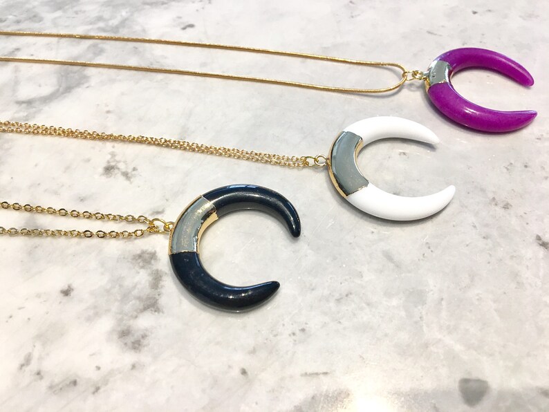 minimal pendant necklace gemstones necklace layere modern necklace ox horn necklace crescent moon necklace Horn necklace