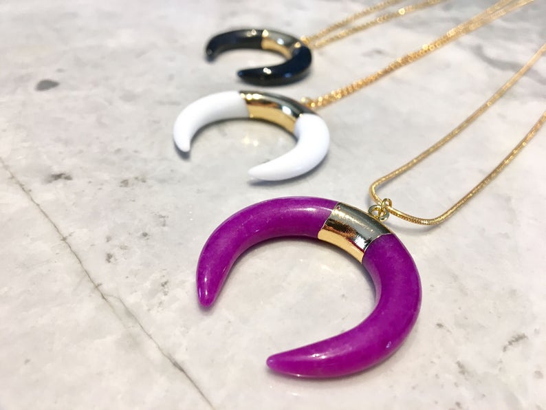 minimal pendant necklace gemstones necklace layere modern necklace ox horn necklace crescent moon necklace Horn necklace
