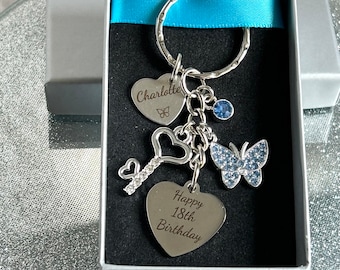 13th 14th 15th 16th 17th 18th 21st  Personalised Birthday Keyring, Any Age Keyring, Butterfly keyring, Clear, Blue, Green or Pink Butterfly
