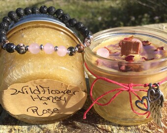 Self Love set- Endless Love Candle- Rose Quartz and Rhodonite Braclete- Wildflower Honey and Rose Sugar Scrub- Gift Set-