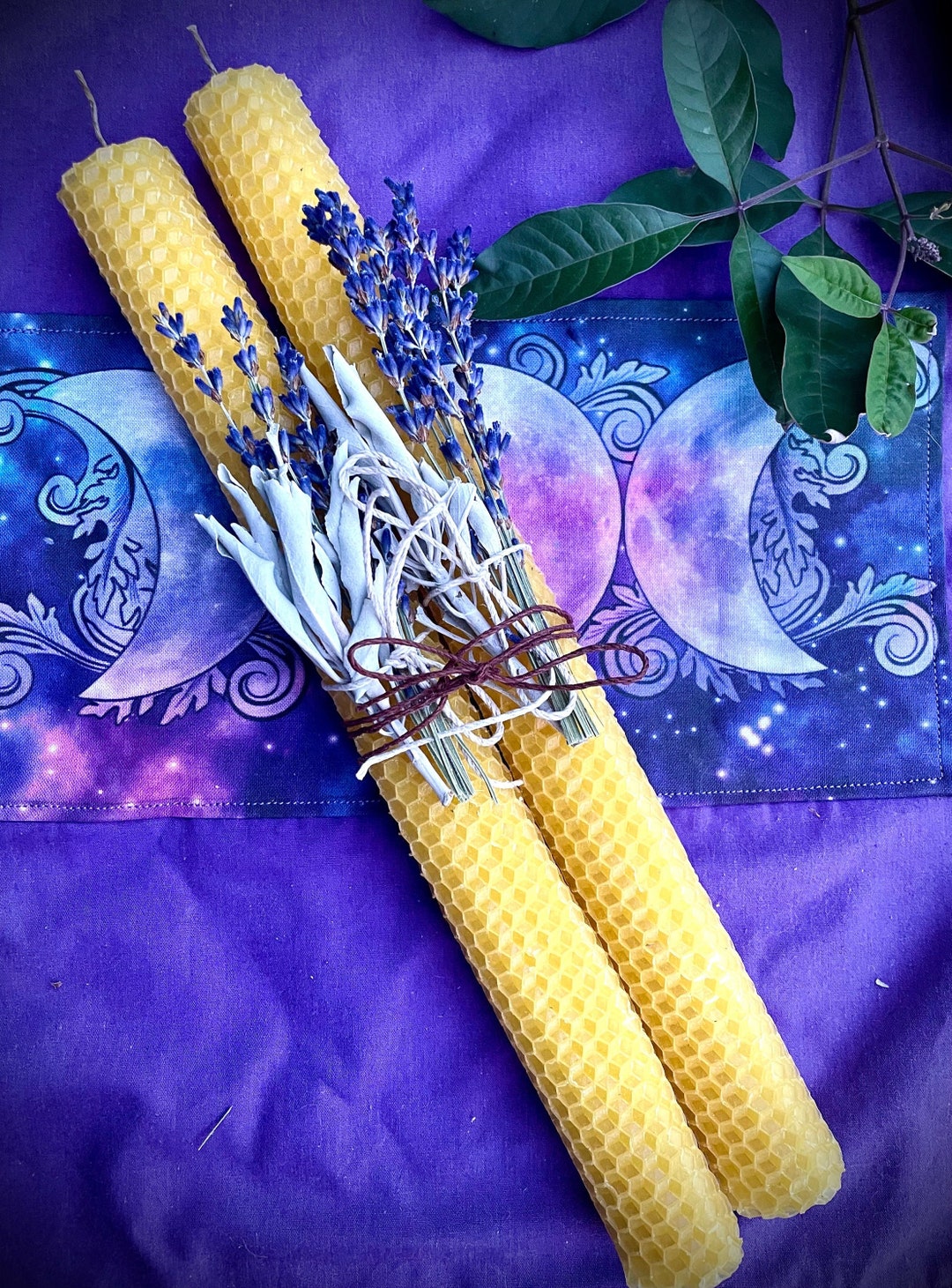 Hand Rolled Beeswax Taper Candle Set Organic Hemp Wick Lavender, Sage