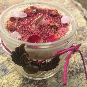 Freya Goddess of Love and War Candle- Valkyrie- Beeswax Wood Wick Candle- Rose Jasmine Patchouli- Rose Quartz- Winged Heart Charm