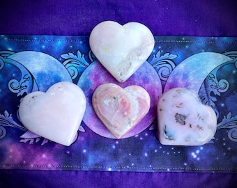 Pink Opal Hearts for love, heart healing, and calming anxiety. Pink Opal from Peru