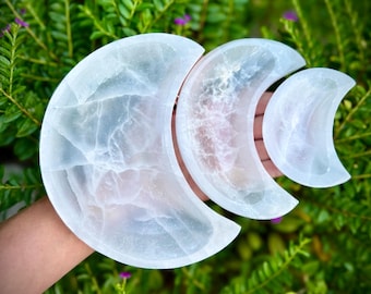 May include: Three crescent moon-shaped selenite crystal dishes in varying sizes. The translucent white dishes have natural veining and are held against a backdrop of green foliage. The largest dish is approximately 6 inches in diameter.