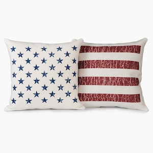 July 4th American Flag Farmhouse Pillow Set | 4th Of July Decor | Vintage Stars and Stripes USA Flag Pillow Covers | Rustic Square Pillows