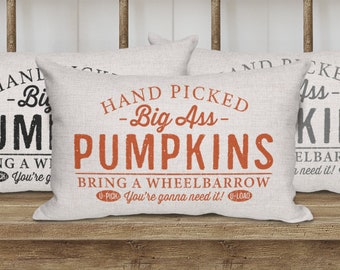 Funny Fall Pumpkin Patch Pillow | Big Ass Pumpkins Autumn Throw Pillows | Funny Pillow Covers | Halloween & Thanksgiving Living Room Decor