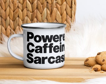 Funny Coffee Mugs, Powered By Caffeine & Sarcasm Enamel Camper Mug, Gifts For Coffee Lover, Coffee Quote Gift Ideas