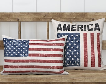 July 4th America Flag Farmhouse Pillow Set | 4th Of July Decor | Vintage Patriotic USA Pillow Covers | Rustic Lumbar Labor Day Pillow Covers